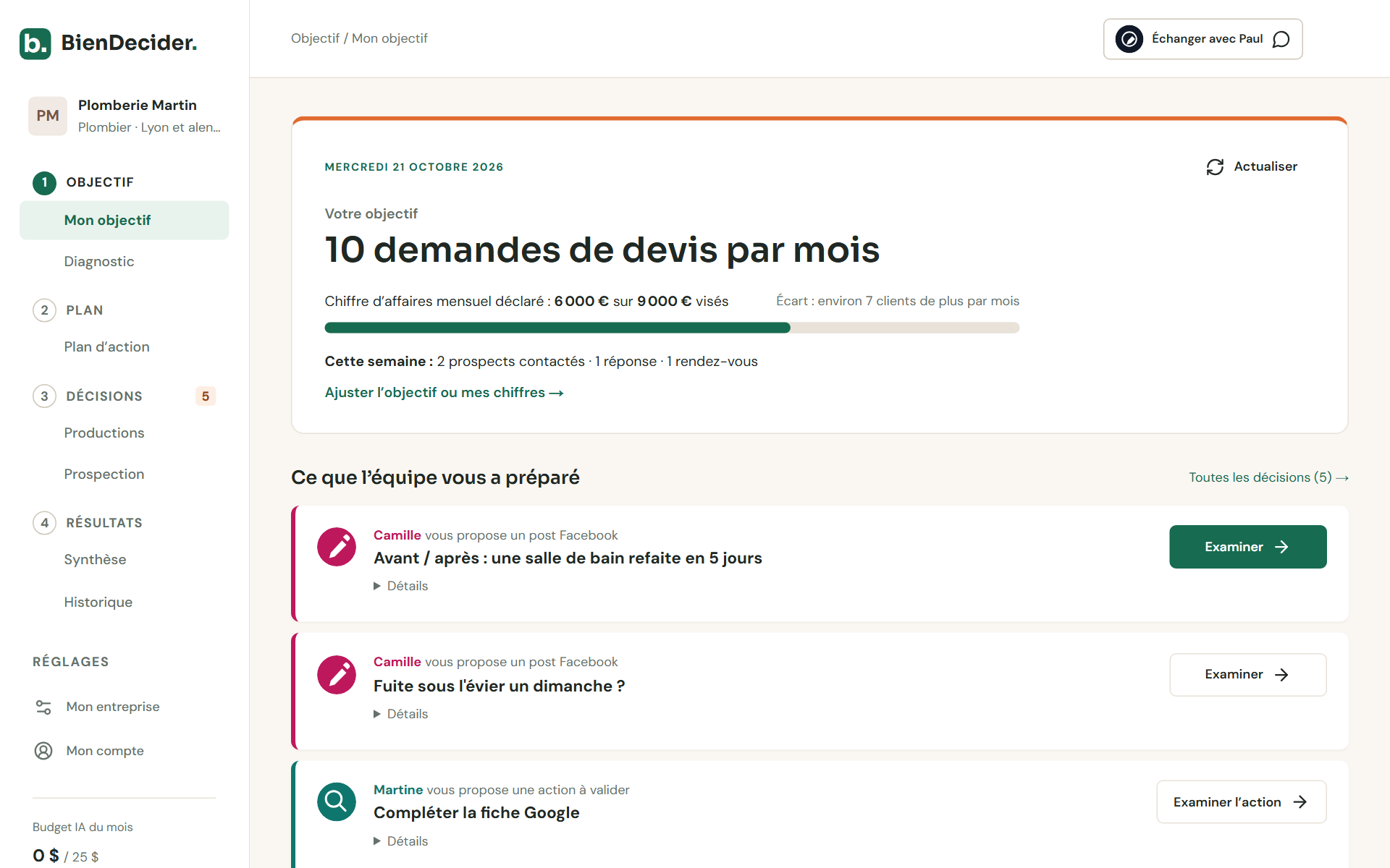 Aperçu BienDecider : l’objectif d’une entreprise fictive et ce que l’équipe lui a préparé